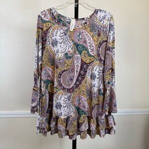 Paisley Boho Ruffle Hem Tunic Top Long Sleeve Flowy Multicolor Dressy Casual